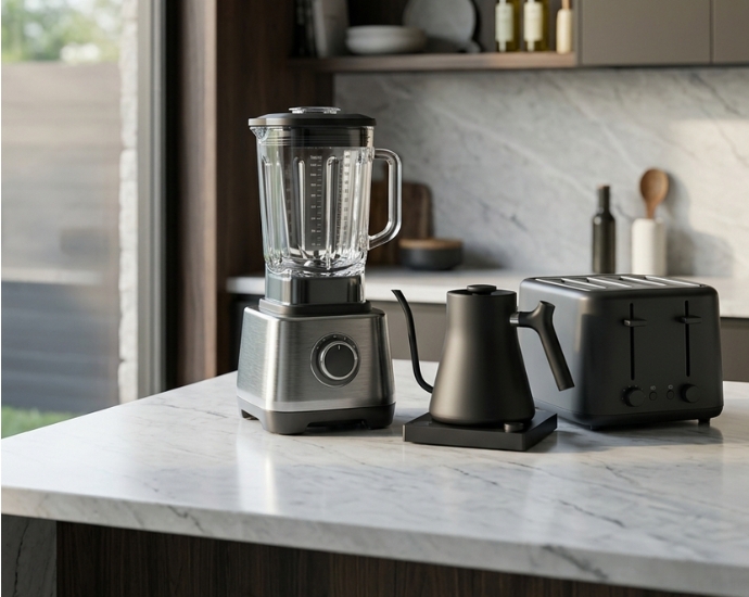 Modern kitchen appliances including blender kettle toaster and countertop essentials